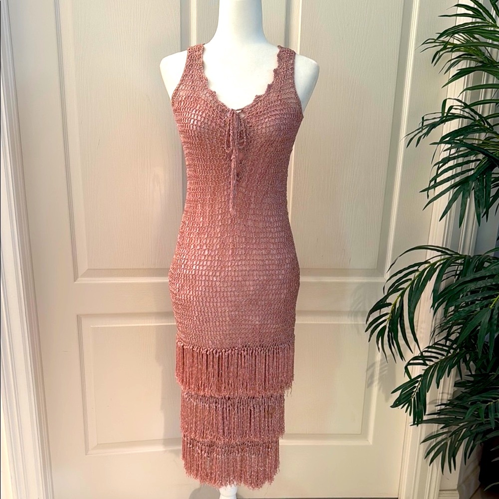Vintage Handmade Stretchy Crochet Midi Dress from London; Size Small